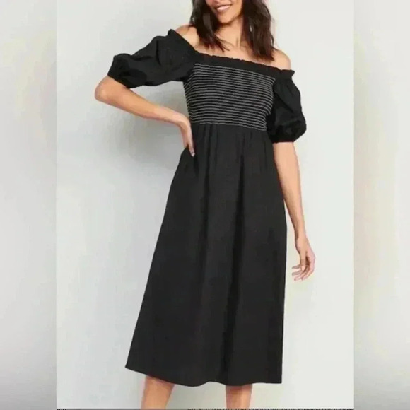 NWT  Old Navy Black midi Flowy Dress  XL Smocked Off the shoulder Puff Sleeve - Picture 2 of 11